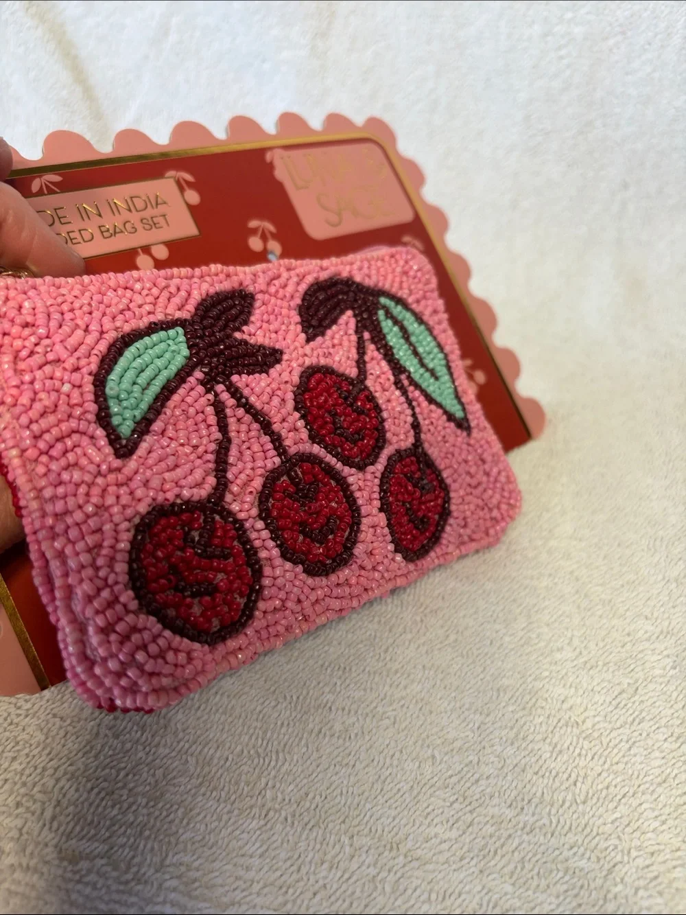 Luna & Sage Pink Beaded Cherry Coin Purse